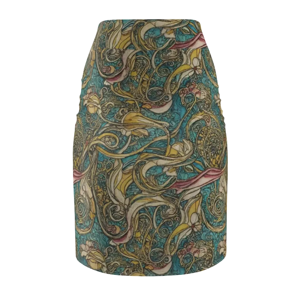 Turquoise Arabesque on Pencil Skirt — Back