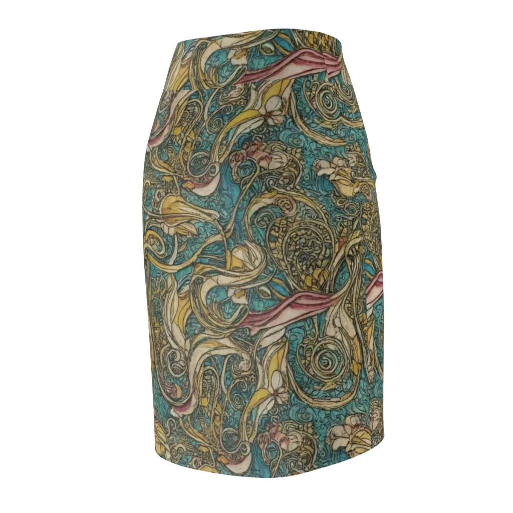 Turquoise Arabesque on Pencil Skirt — Back Side