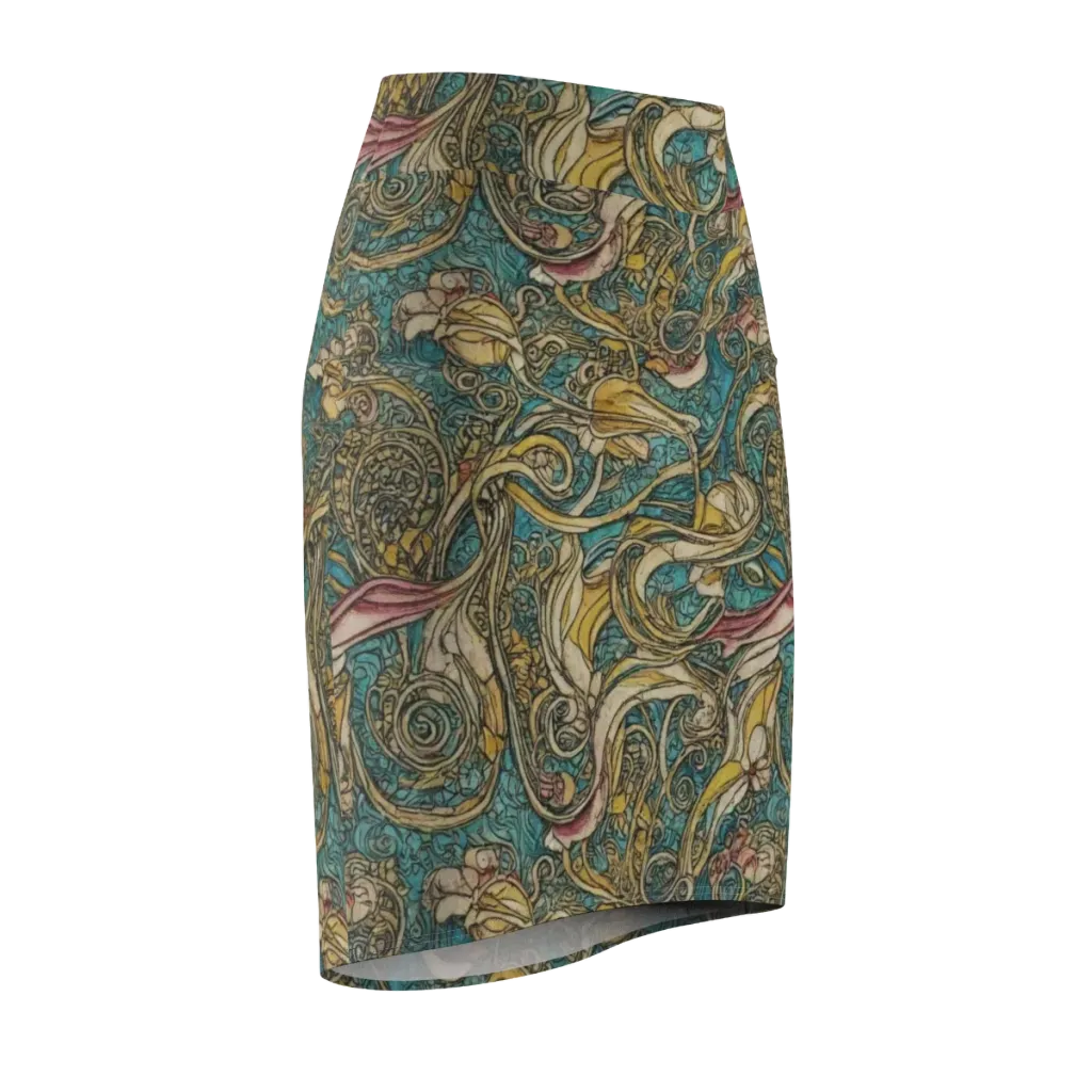Turquoise Arabesque on Pencil Skirt — Front Side