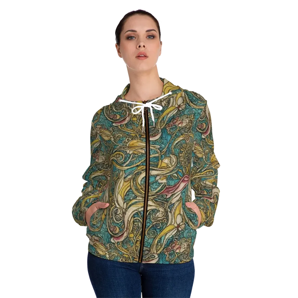 Turquoise Arabesque on Women's Full-Zip Hoodie — Front On Person