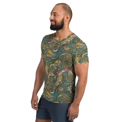 Turquoise Arabesque on a Men's Athletic T-Shirt