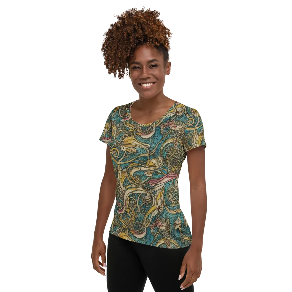 Turquoise Arabesque on Women's Athletic T-Shirt — Left