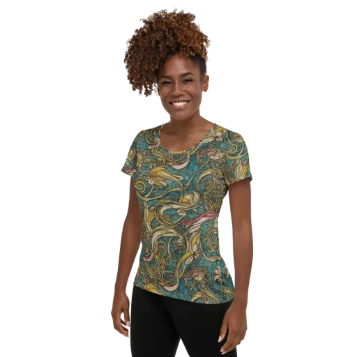 Turquoise Arabesque on a Women's Athletic T-Shirt