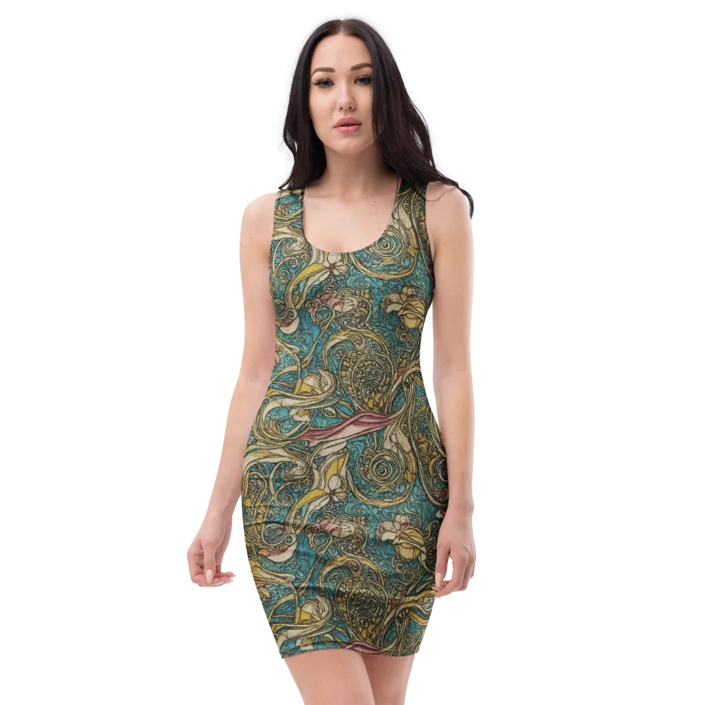 Turquoise Arabesque on Bodycon Dress — Front