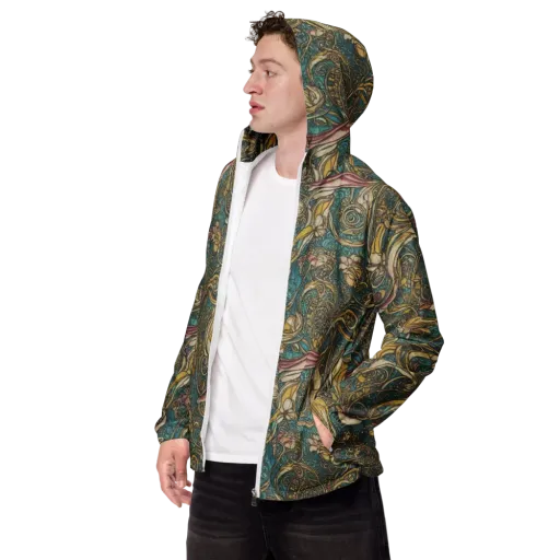 Turquoise Arabesque on a Men's Windbreaker
