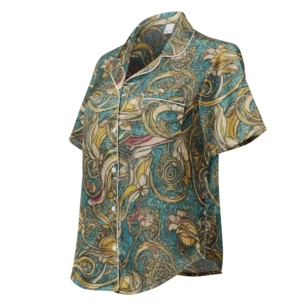 Turquoise Arabesque on Women's Short Sleeve Pajama Top — Left Front