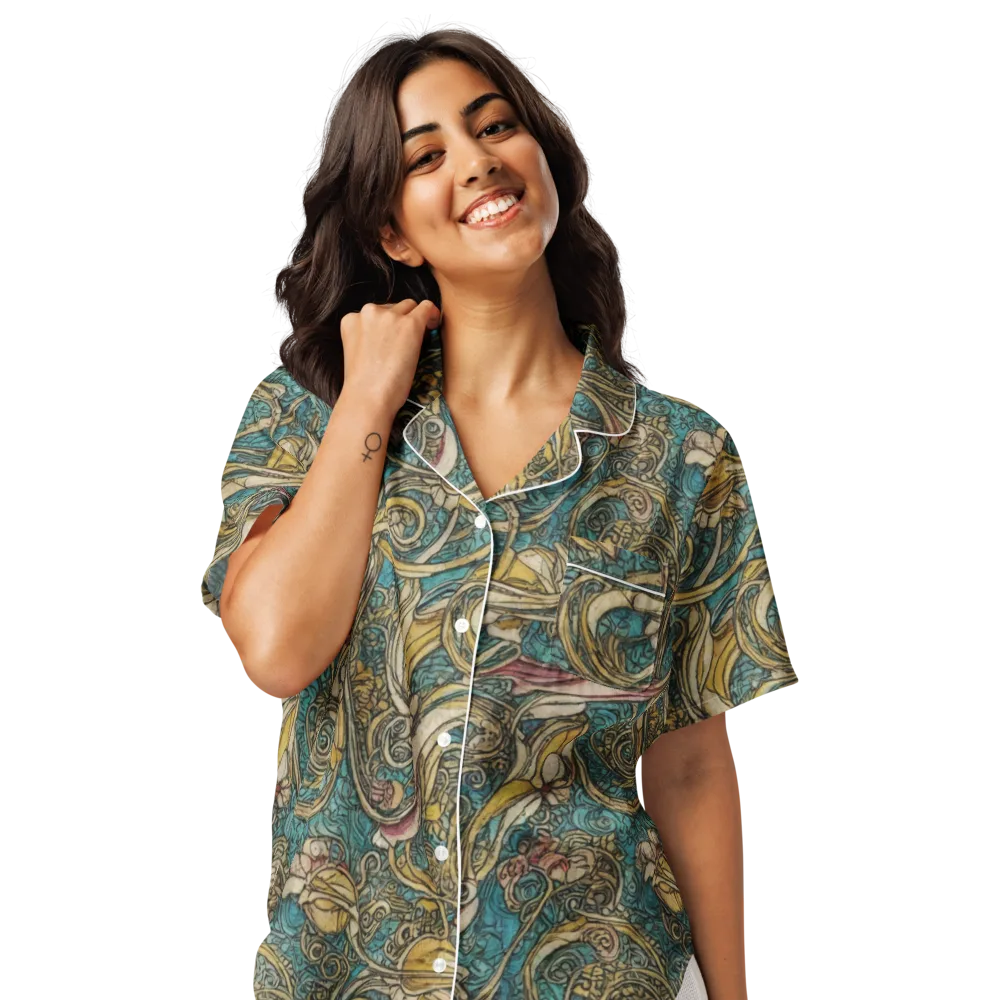 Turquoise Arabesque on Women's Short Sleeve Pajama Top — Front