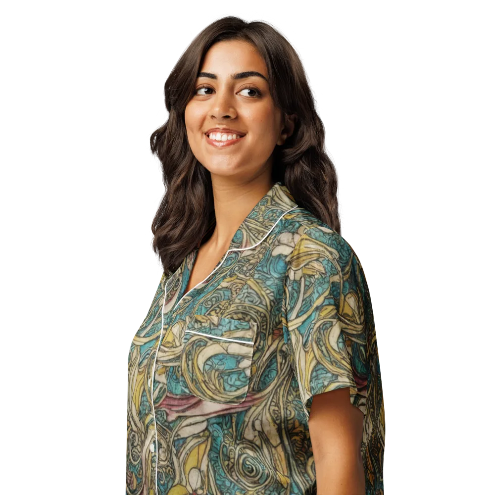 Turquoise Arabesque on Women's Short Sleeve Pajama Top — Left Front