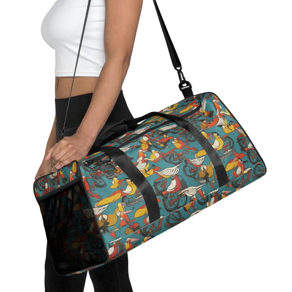 Avian Velocipede on Duffle Bag — Front