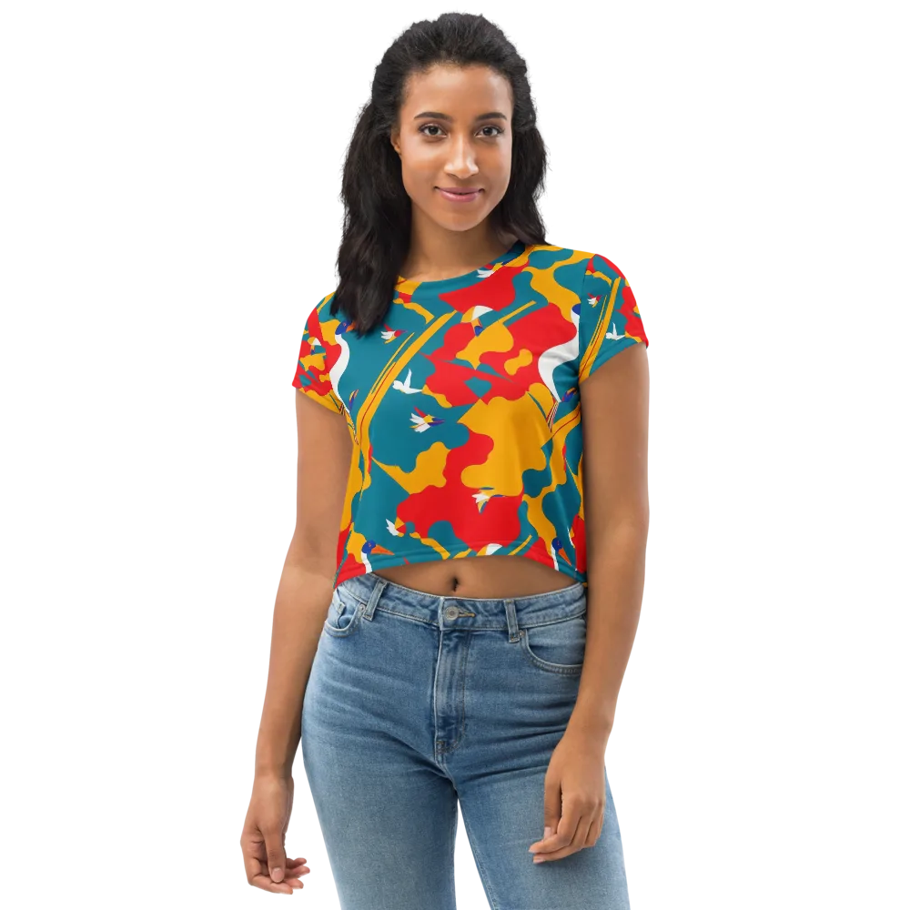 Harlequin Aviary on Crop Tee — Front