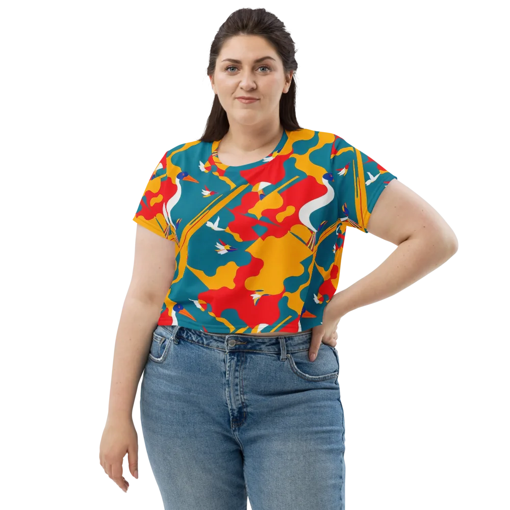 Harlequin Aviary on Crop Tee — Front