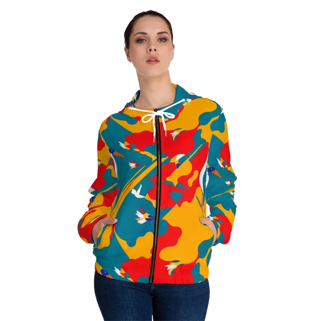 Harlequin Aviary on Women's Full-Zip Hoodie — Front On Person