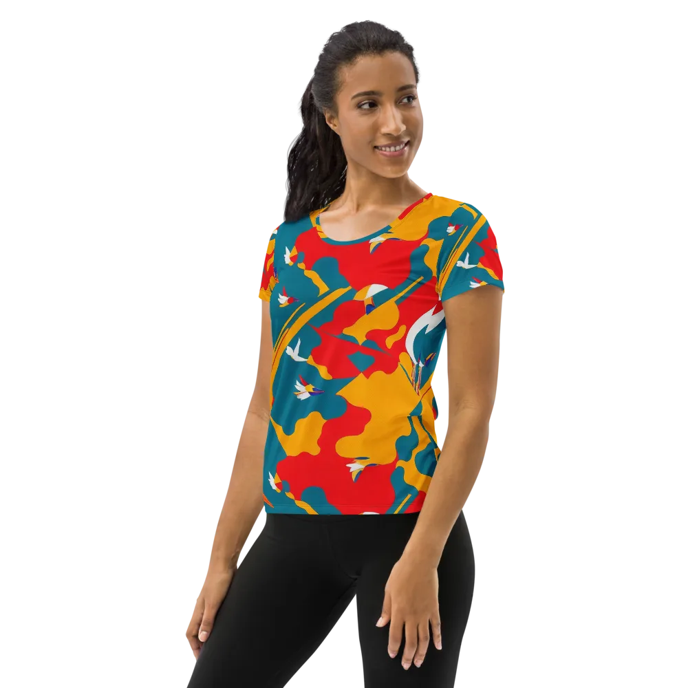 Harlequin Aviary on Women's Athletic T-Shirt — Left