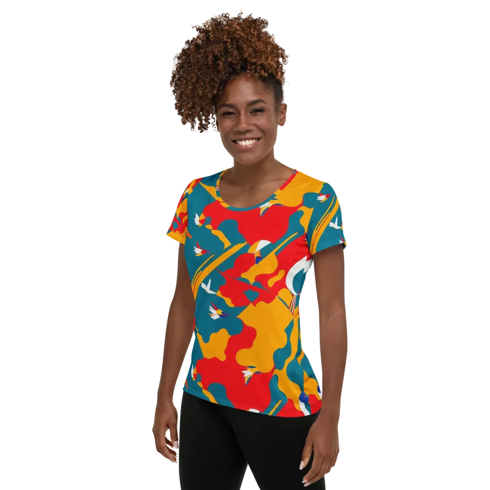 Harlequin Aviary on Women's Athletic T-Shirt — Left