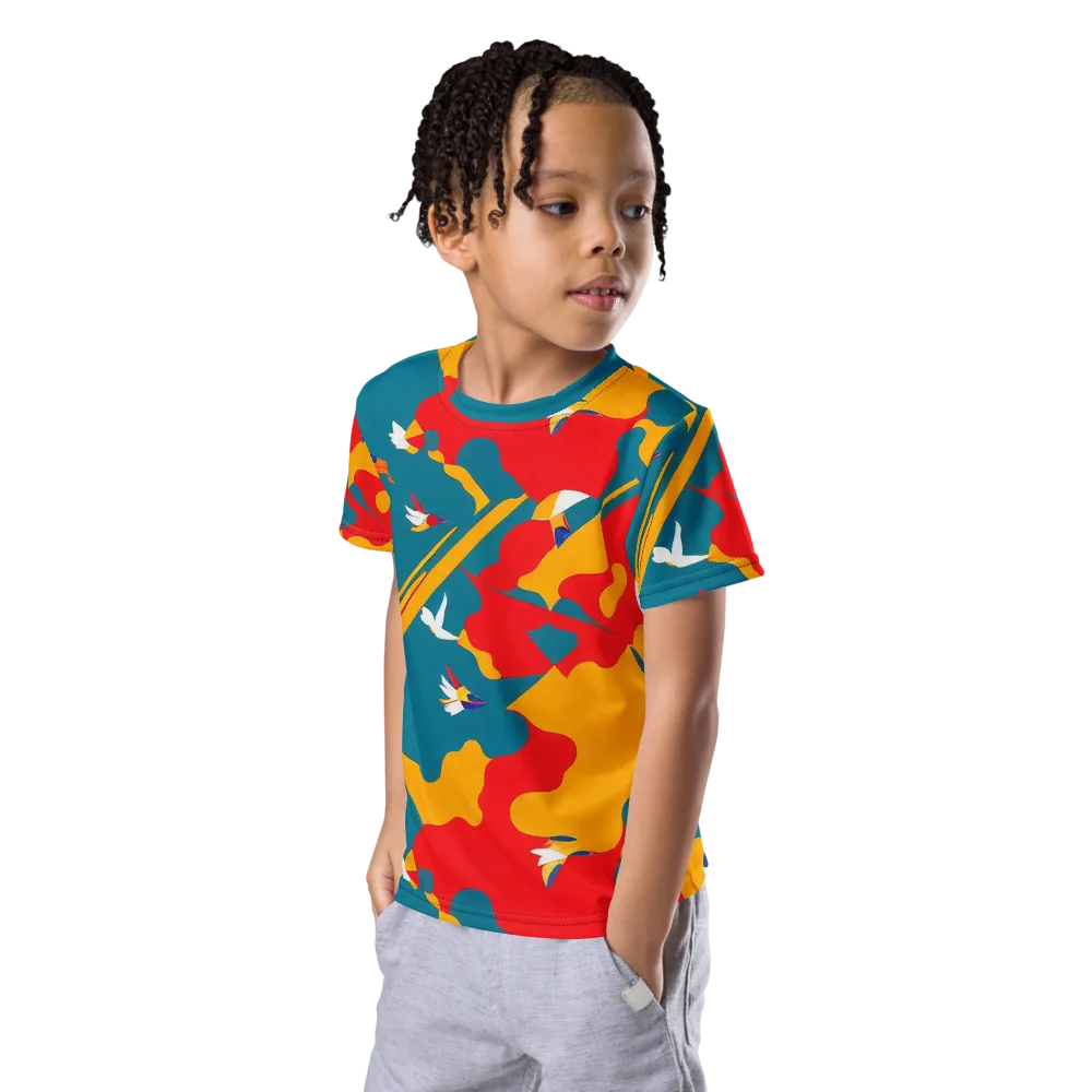 Harlequin Aviary on Kids Crew Neck T-Shirt — Left Front