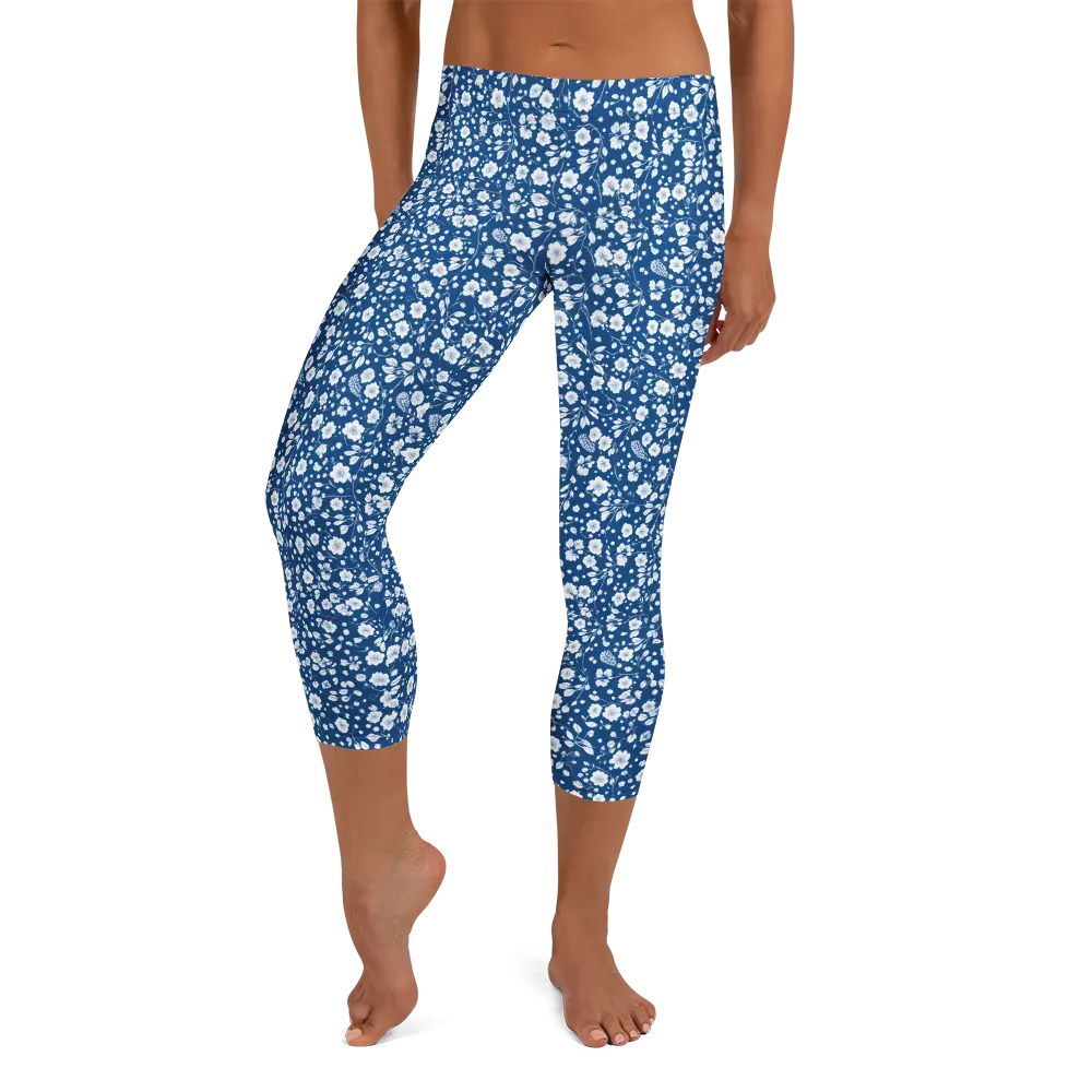 Cobalt Bloom on Capri Leggings — Front
