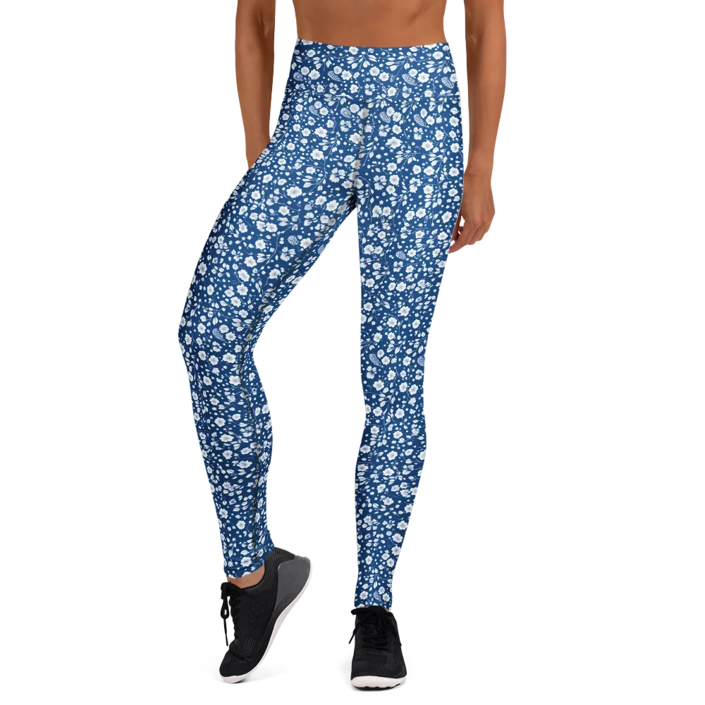 Cobalt Bloom on Yoga Leggings — Front
