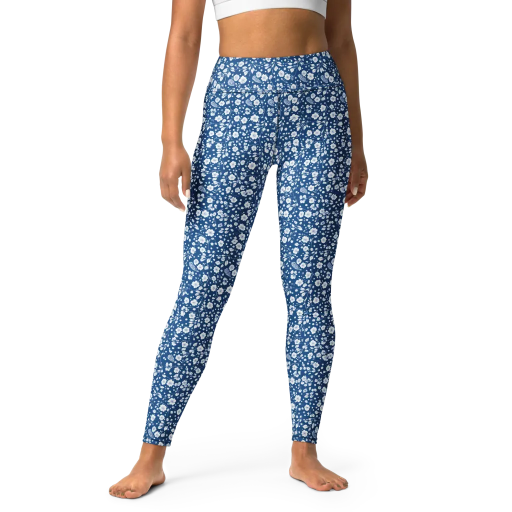 Cobalt Bloom on Yoga Leggings — Front