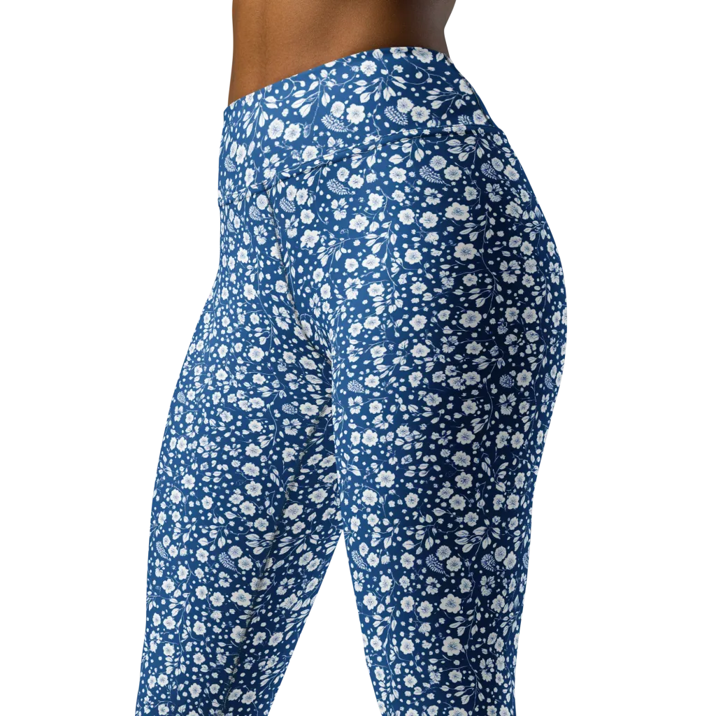 Cobalt Bloom on Yoga Leggings — Left Front