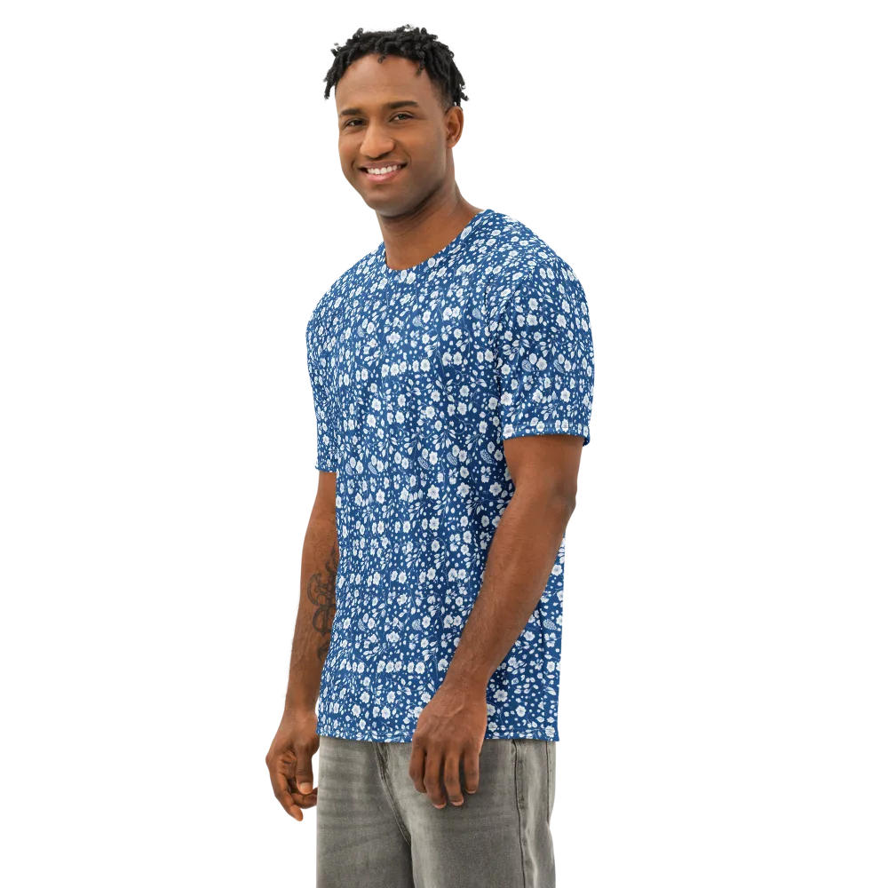 Cobalt Bloom on Men's Cotton Crew Neck T-Shirt — Left Front