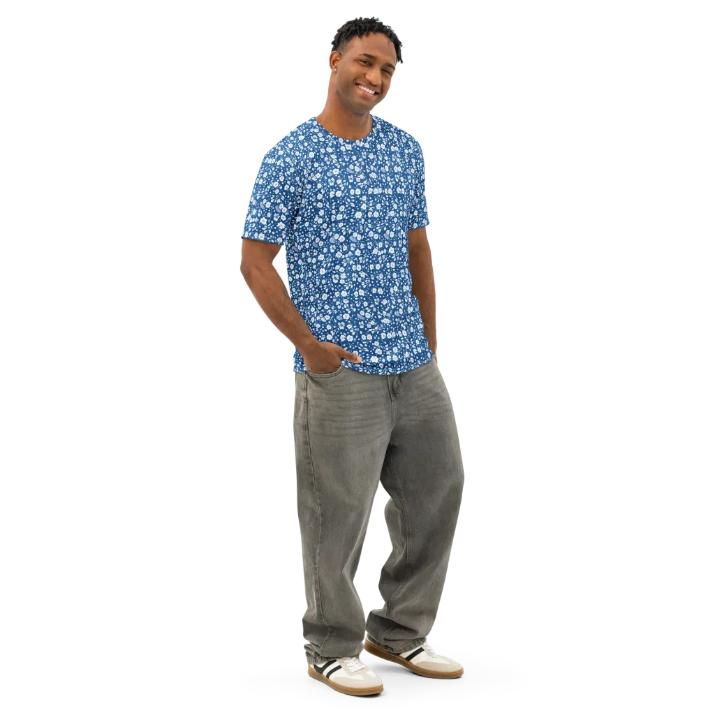 Cobalt Bloom on Men's Cotton Crew Neck T-Shirt — Right Front