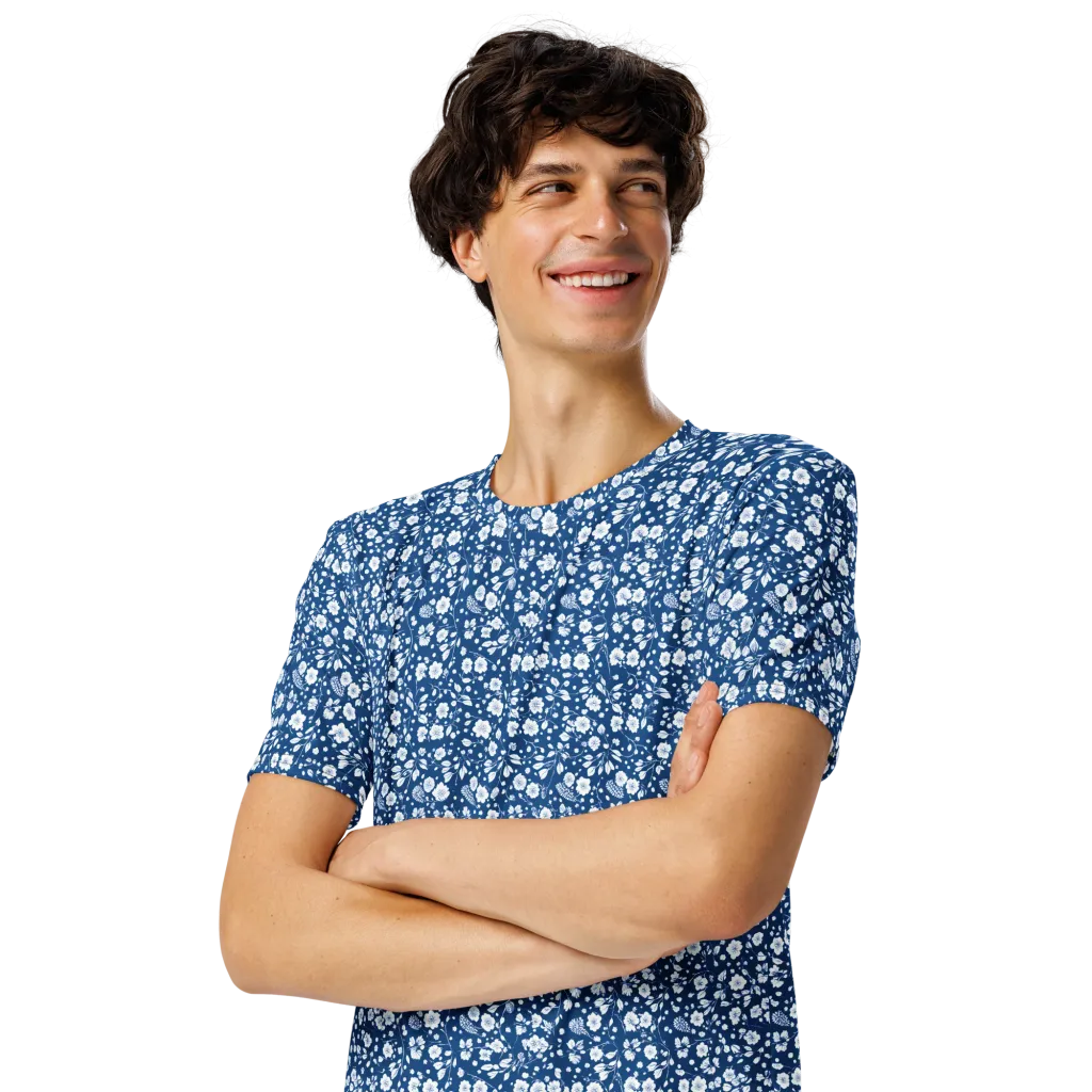 Cobalt Bloom on Men's Crew Neck T-Shirt — Left Front