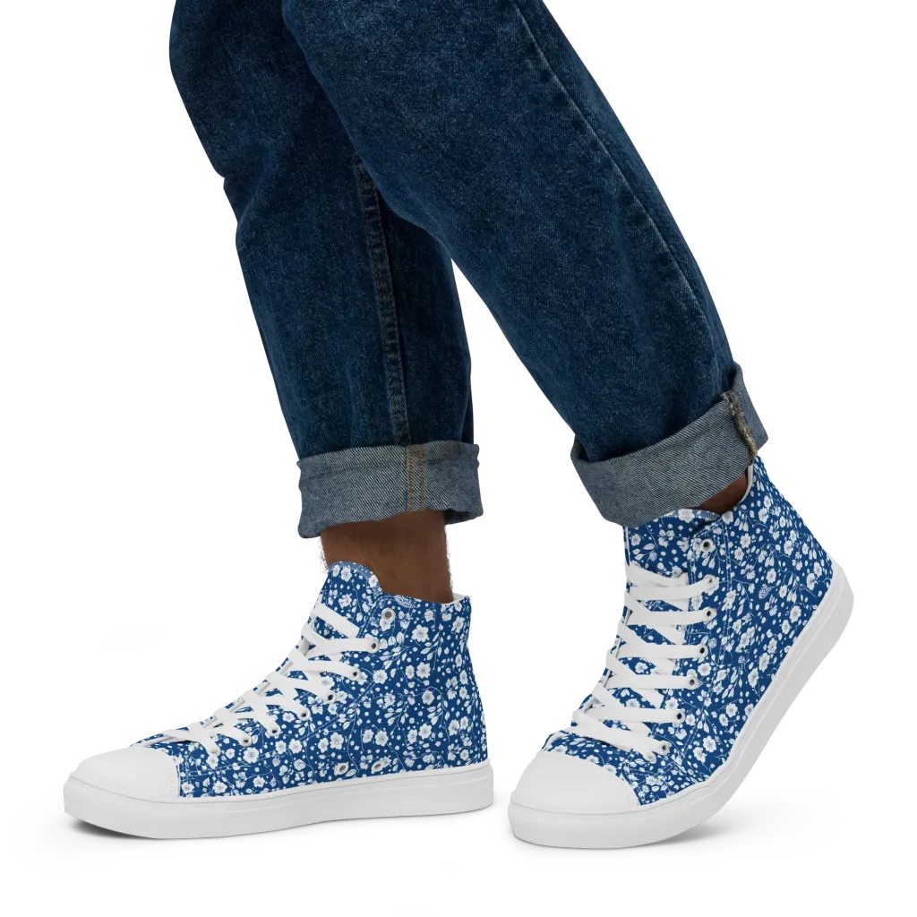 Cobalt Bloom on Men's High Top Canvas Shoes — Left