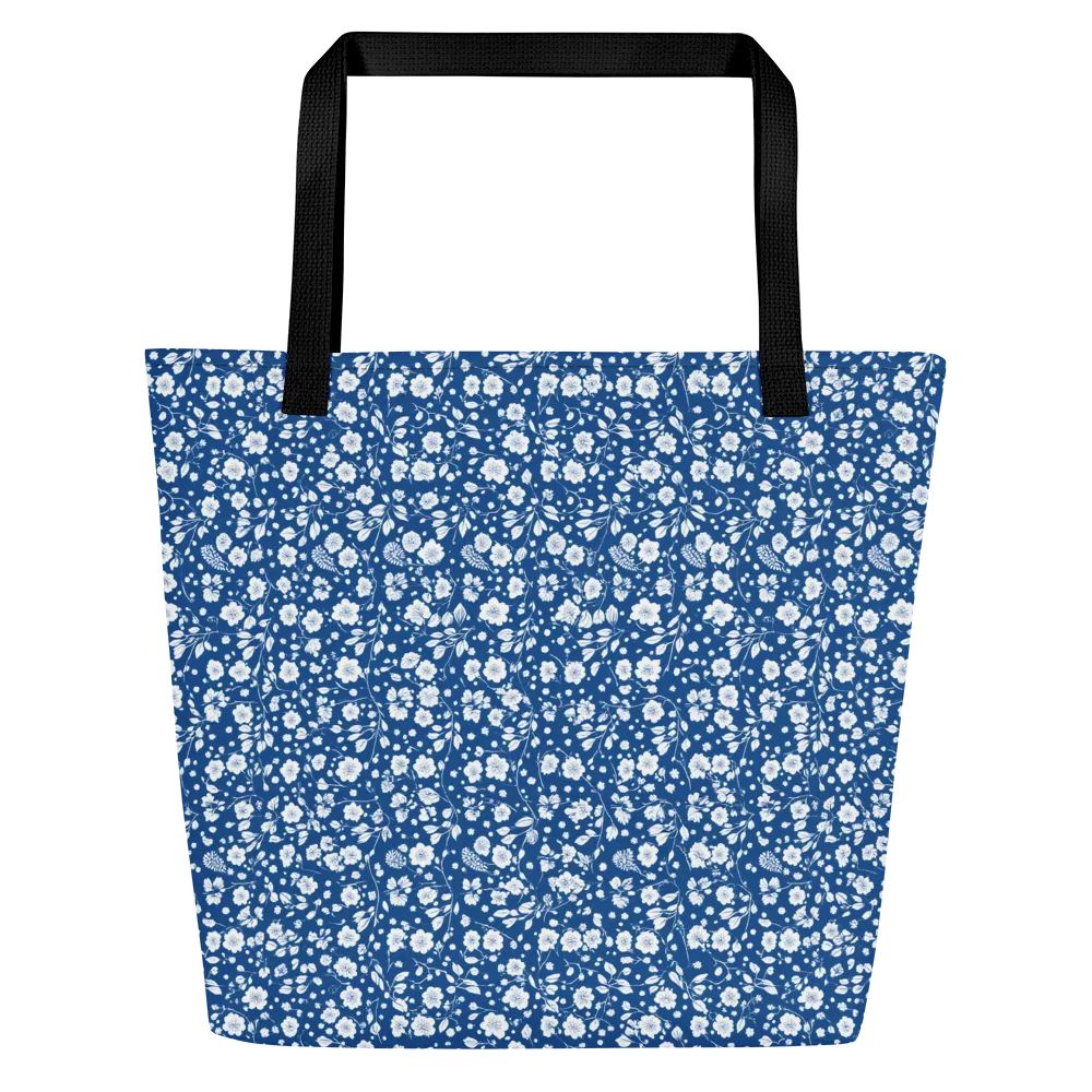 Cobalt Bloom on Large Tote Bag W/ Pocket — Front