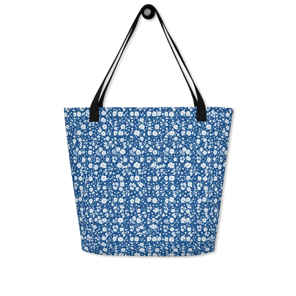Cobalt Bloom on Large Tote Bag W/ Pocket — Front