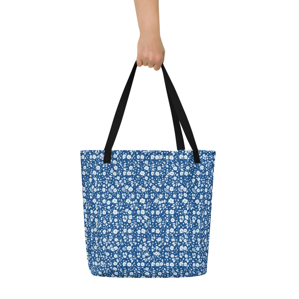 Cobalt Bloom on Large Tote Bag W/ Pocket — Front