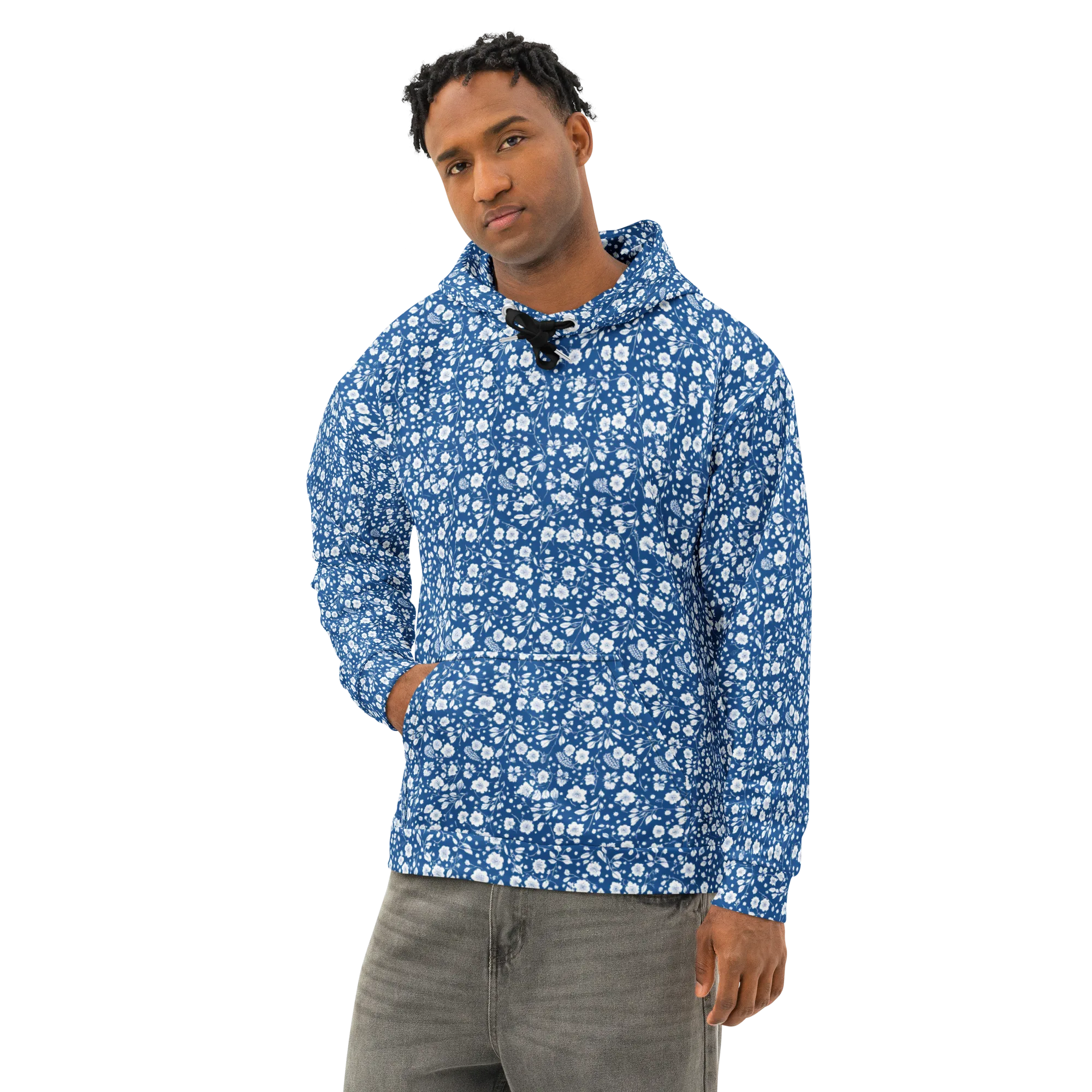 Cobalt Bloom on Cotton Hoodie — Left Front