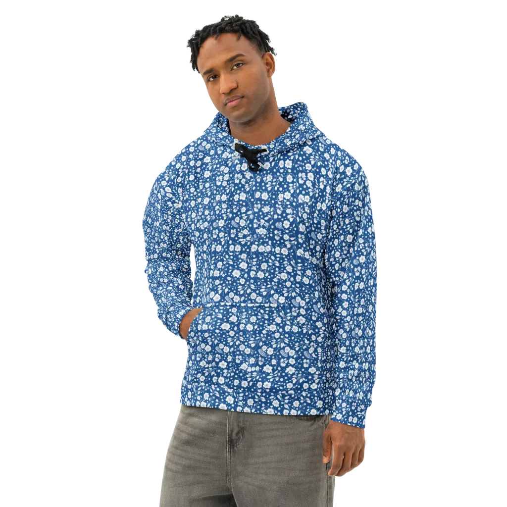 Cobalt Bloom on Cotton Hoodie — Left Front
