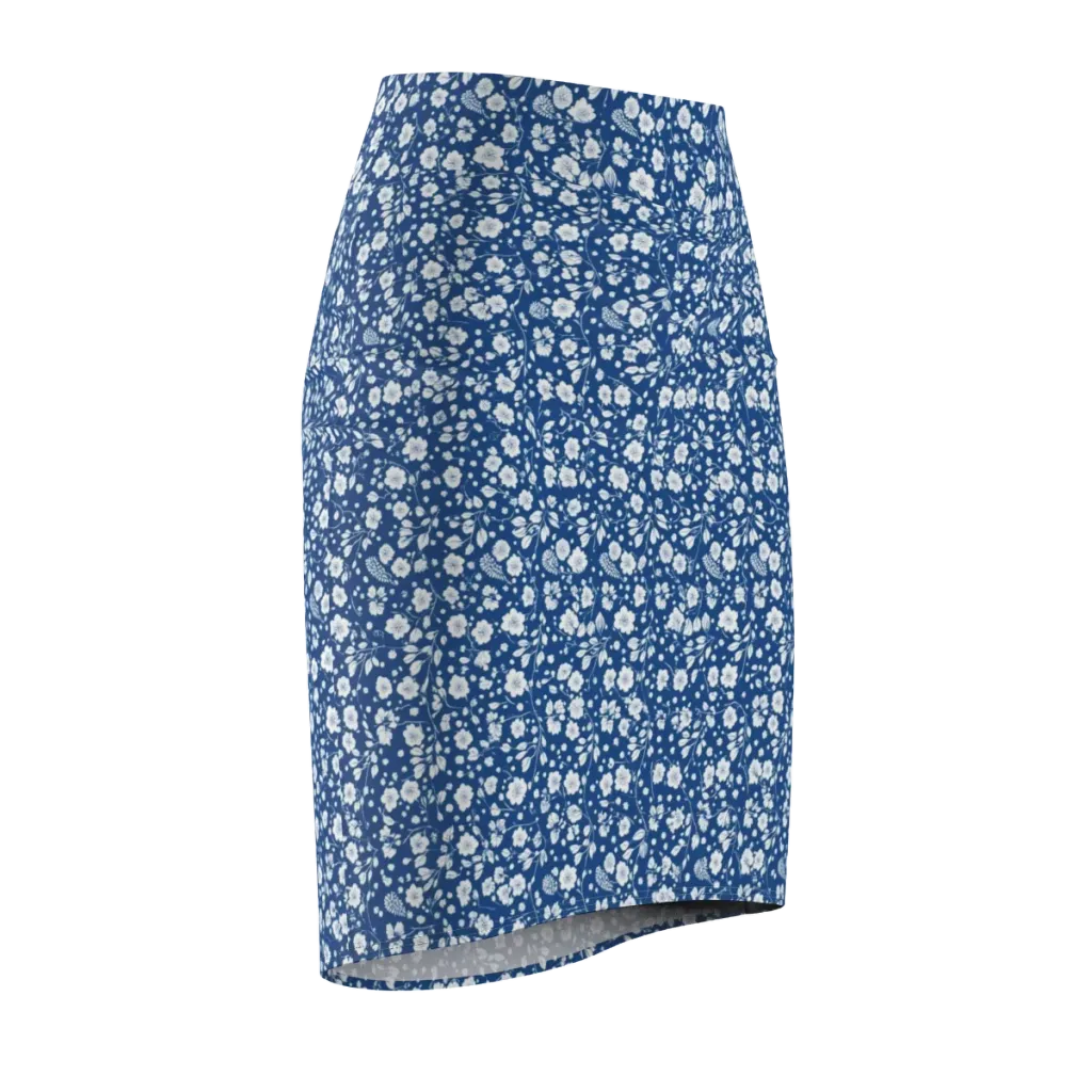 Cobalt Bloom on Pencil Skirt — Front Side