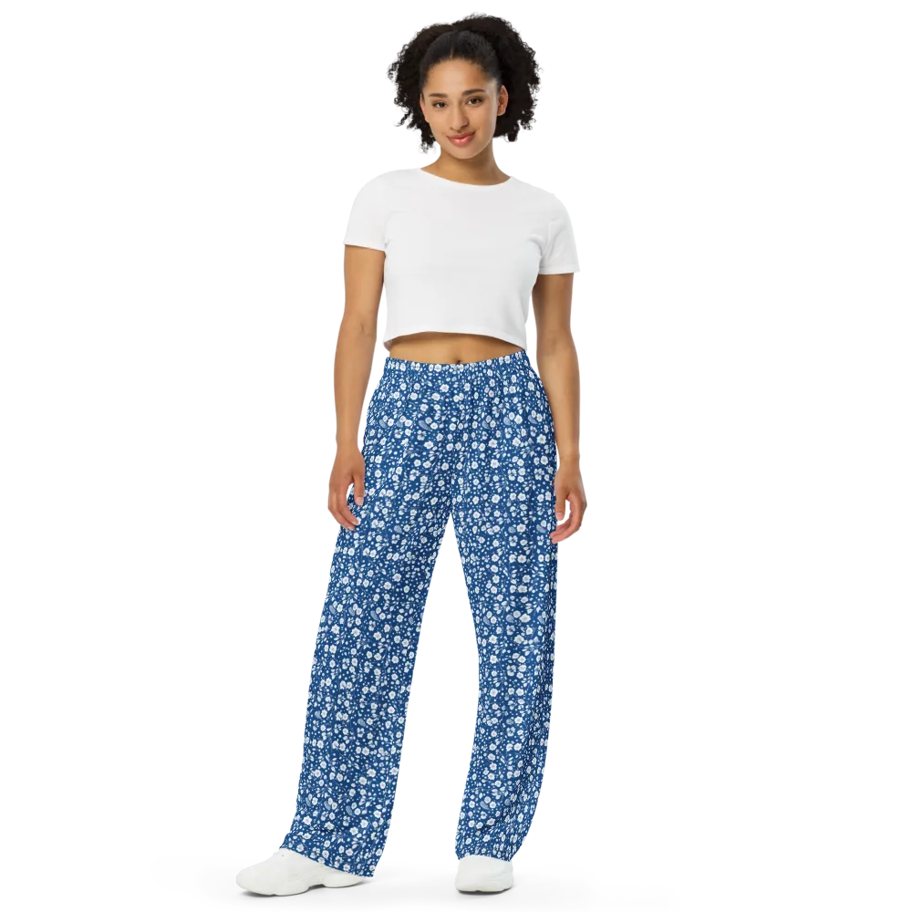 Cobalt Bloom on Wide-Leg Pants — Front