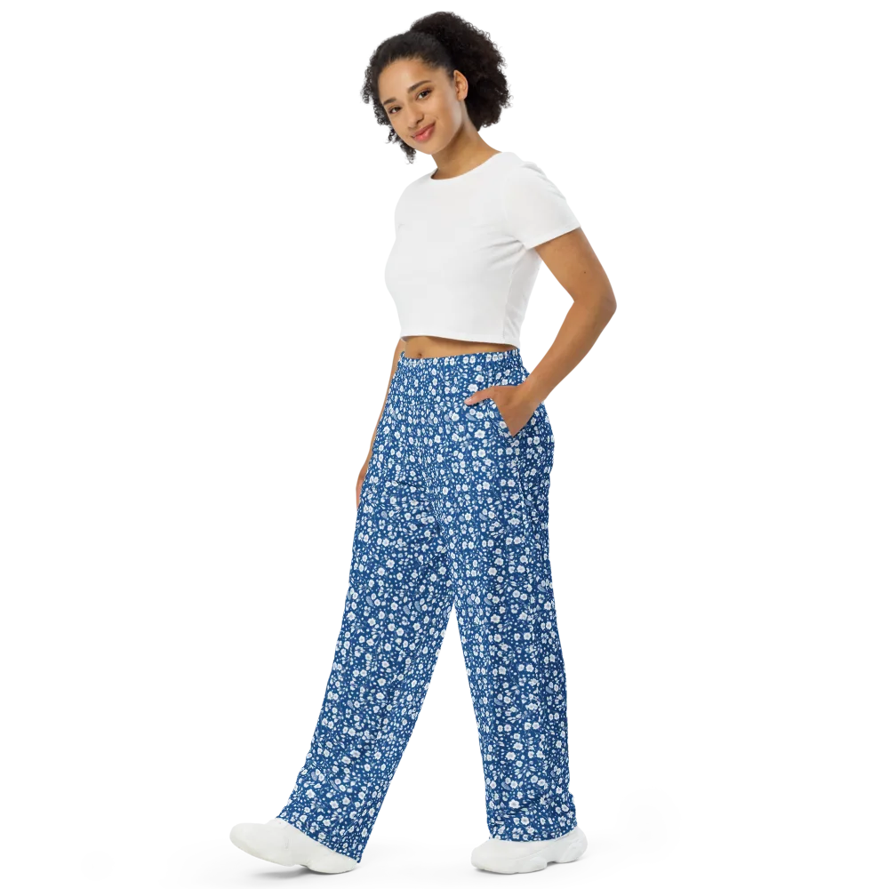 Cobalt Bloom on Wide-Leg Pants — Left Front