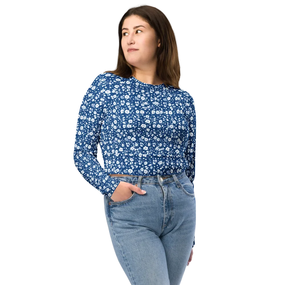 Cobalt Bloom on Long Sleeve Crop Top — Front