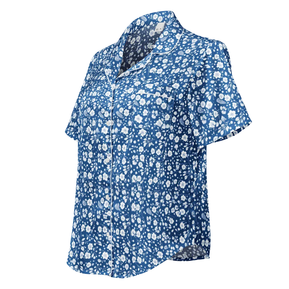 Cobalt Bloom on Women's Short Sleeve Pajama Top — Left Front