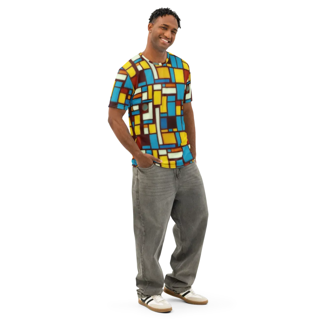 Burgundy Blocks on Men's Cotton Crew Neck T-Shirt — Right Front