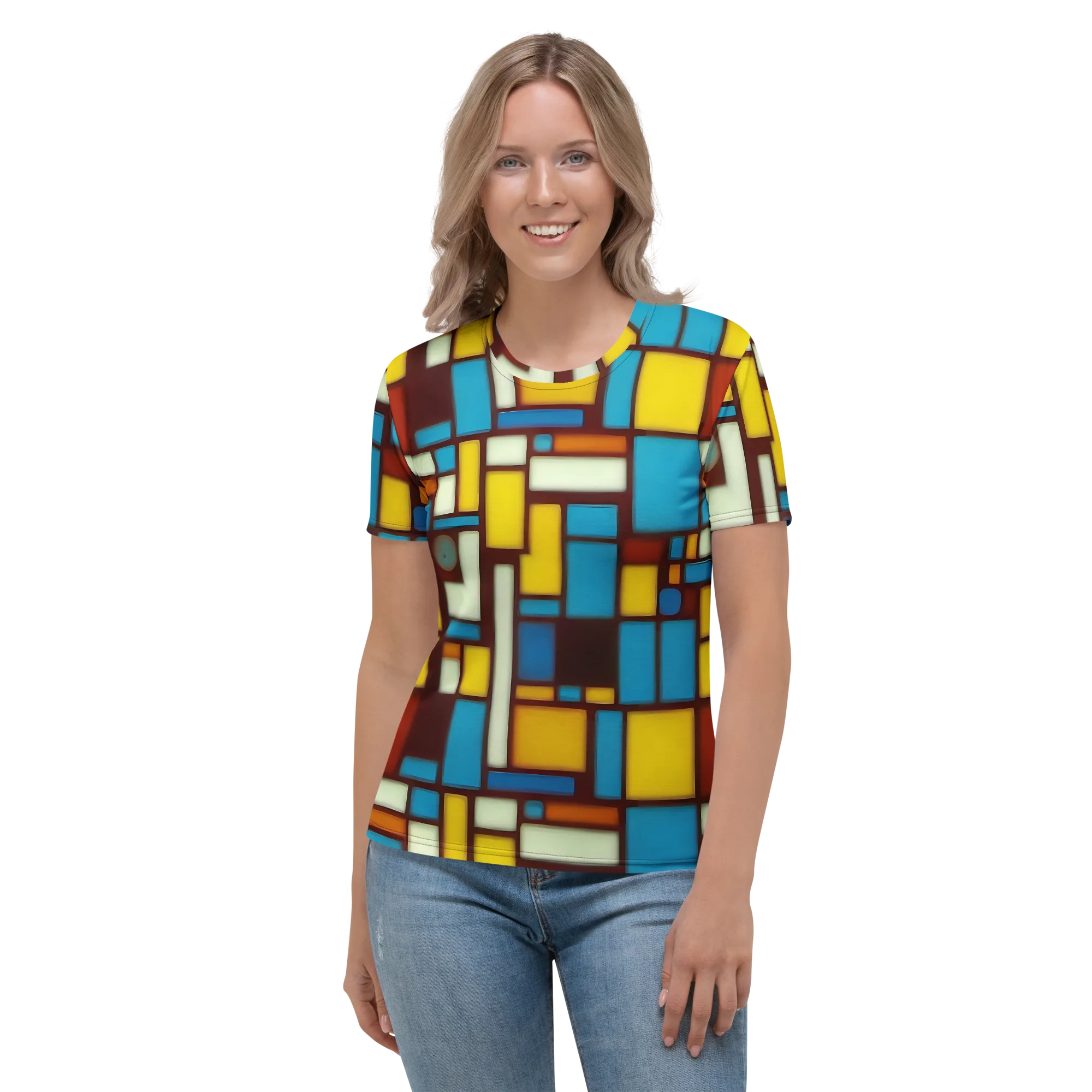 Burgundy Blocks on Women's Crew Neck T-Shirt — Front