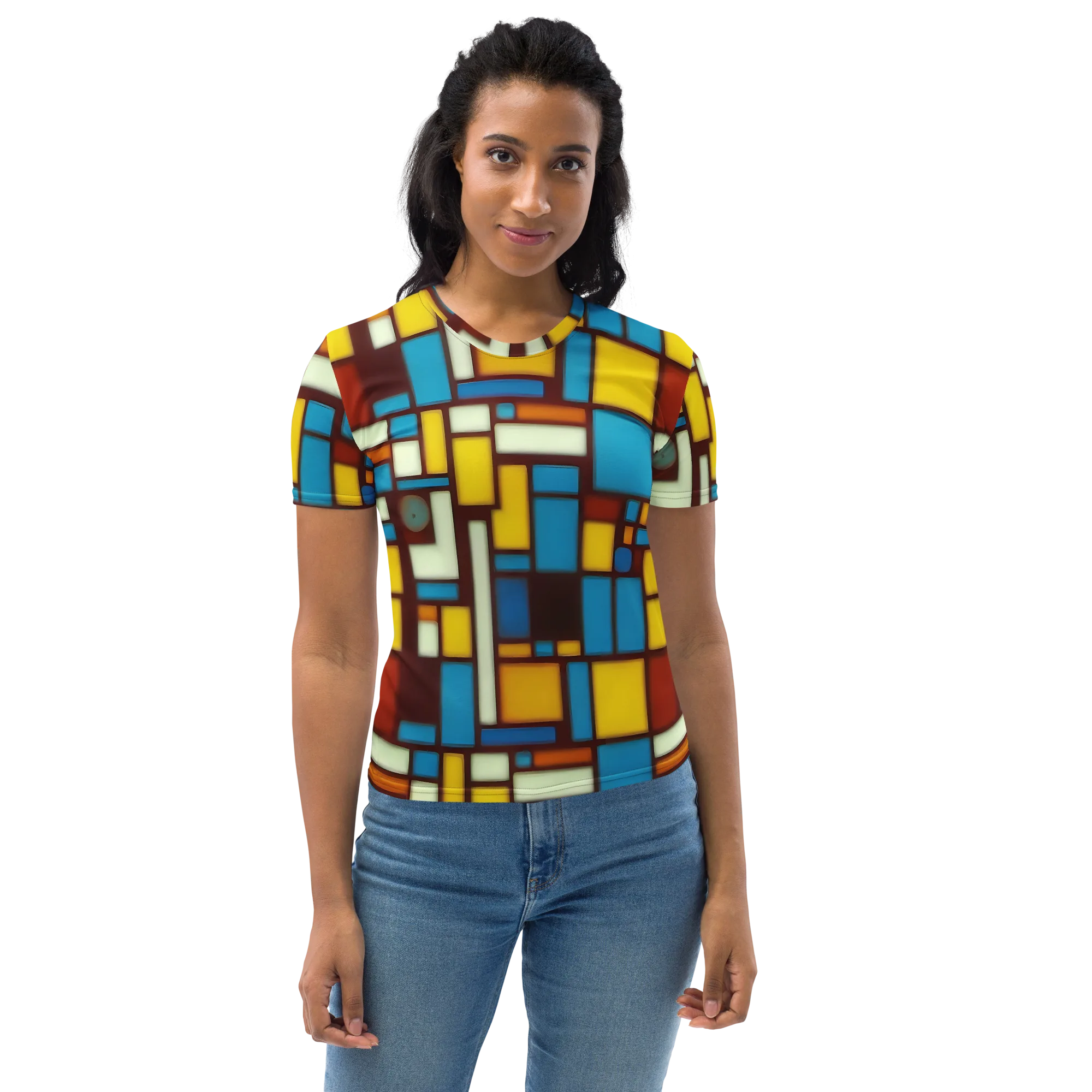 Burgundy Blocks on Women's Crew Neck T-Shirt — Front