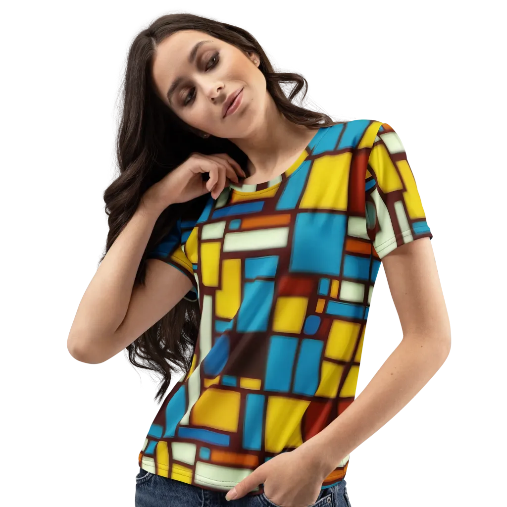 Burgundy Blocks on Women's Crew Neck T-Shirt — Left Front