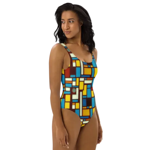 Burgundy Blocks on a One-Piece Swimsuit