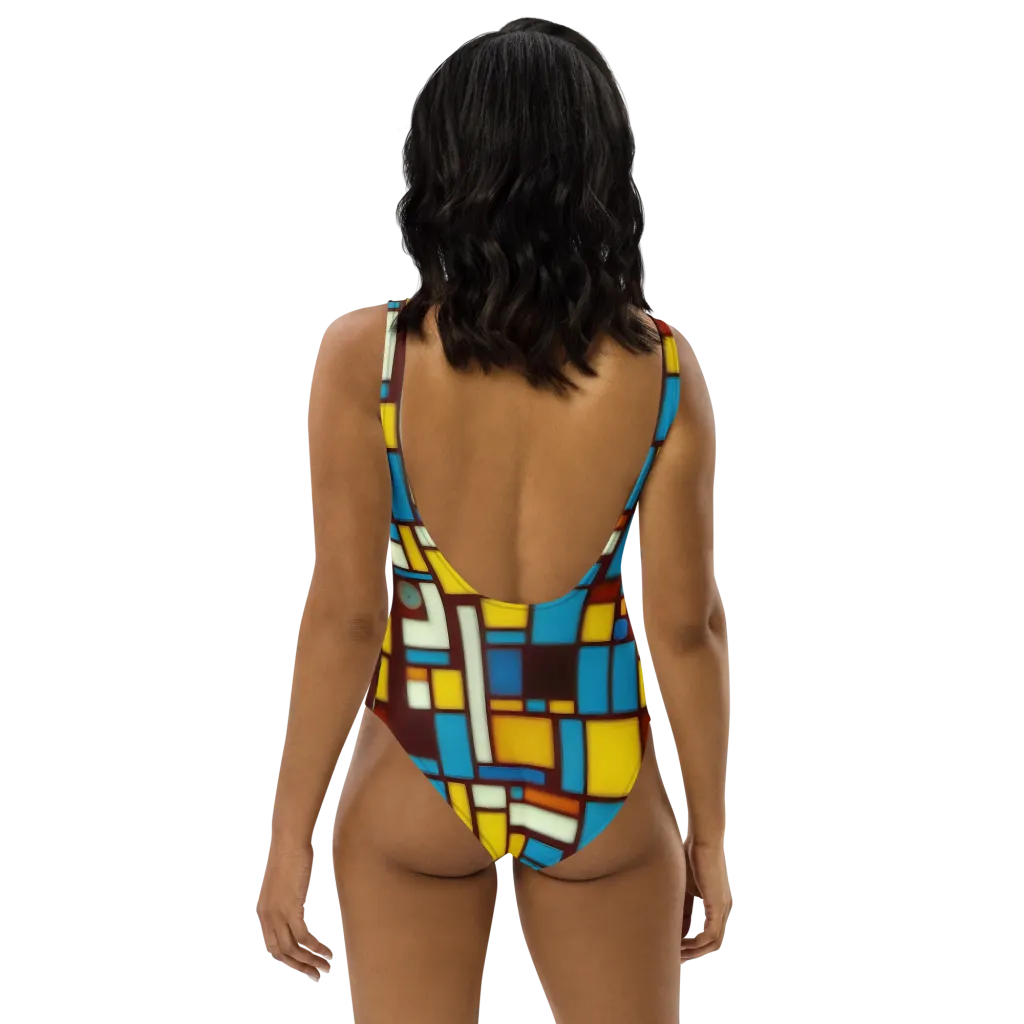 Burgundy Blocks on One-Piece Swimsuit — Back