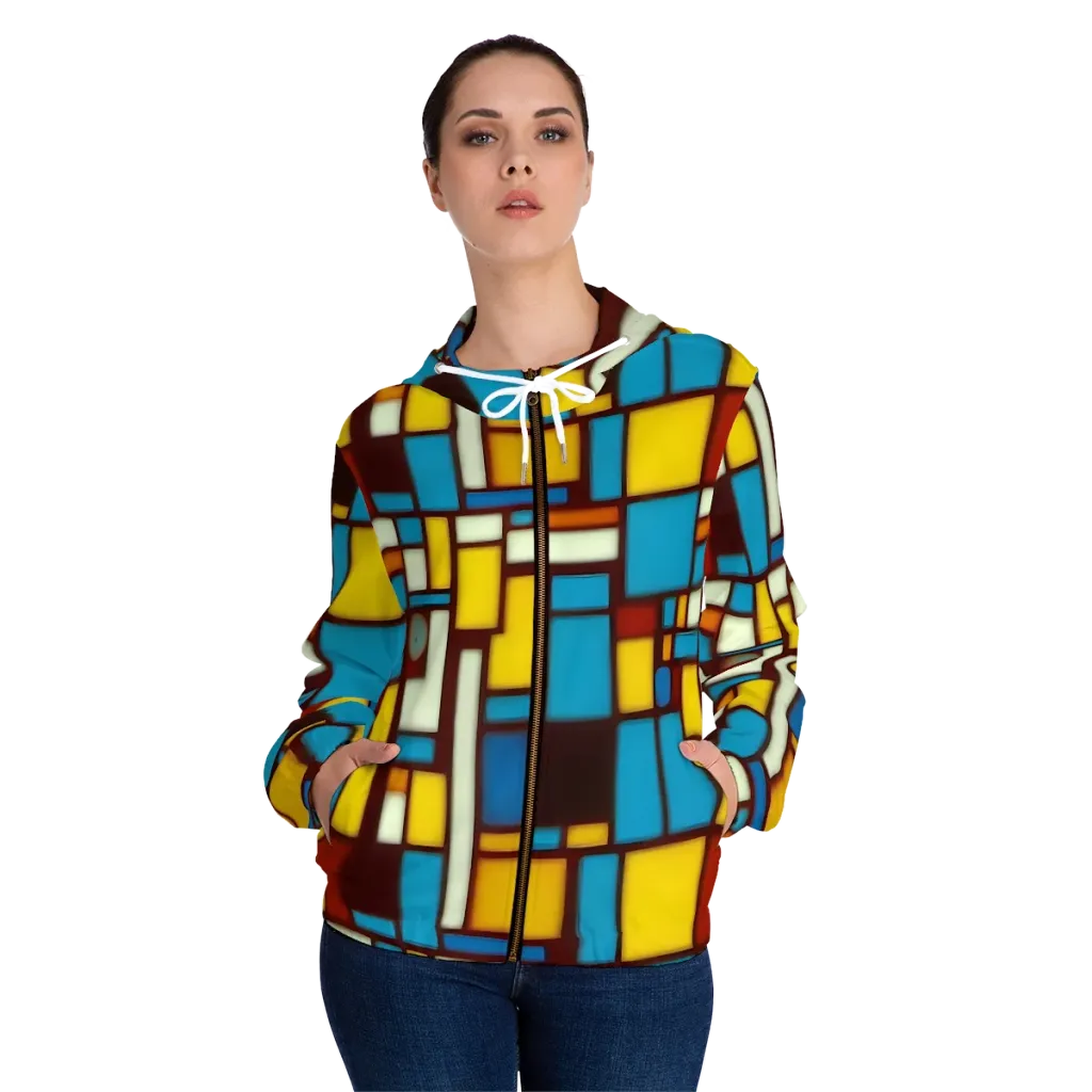 Burgundy Blocks on Women's Full-Zip Hoodie — Front On Person