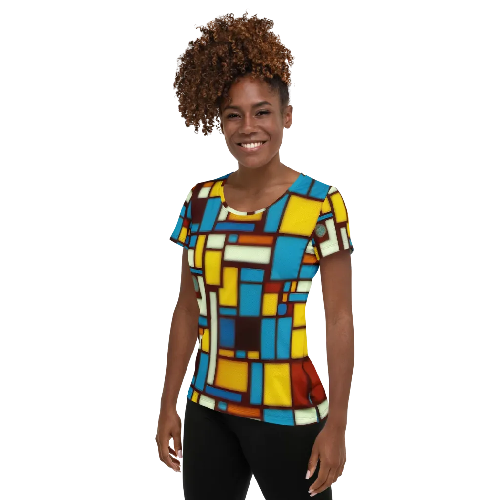 Burgundy Blocks on Women's Athletic T-Shirt — Left