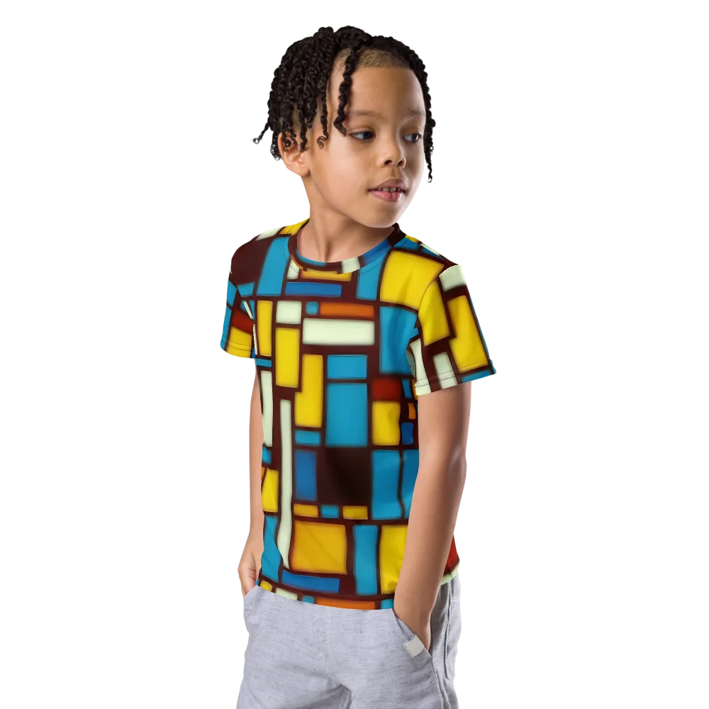 Burgundy Blocks on Kids Crew Neck T-Shirt — Left Front