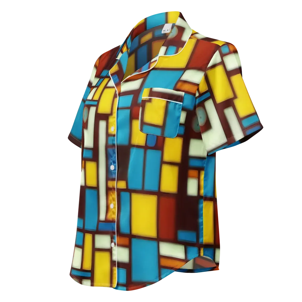 Burgundy Blocks on Women's Short Sleeve Pajama Top — Left Front