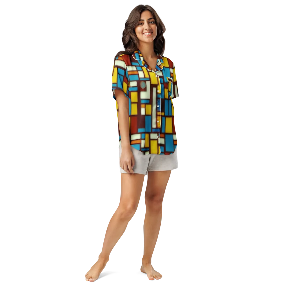 Burgundy Blocks on Women's Short Sleeve Pajama Top — Front