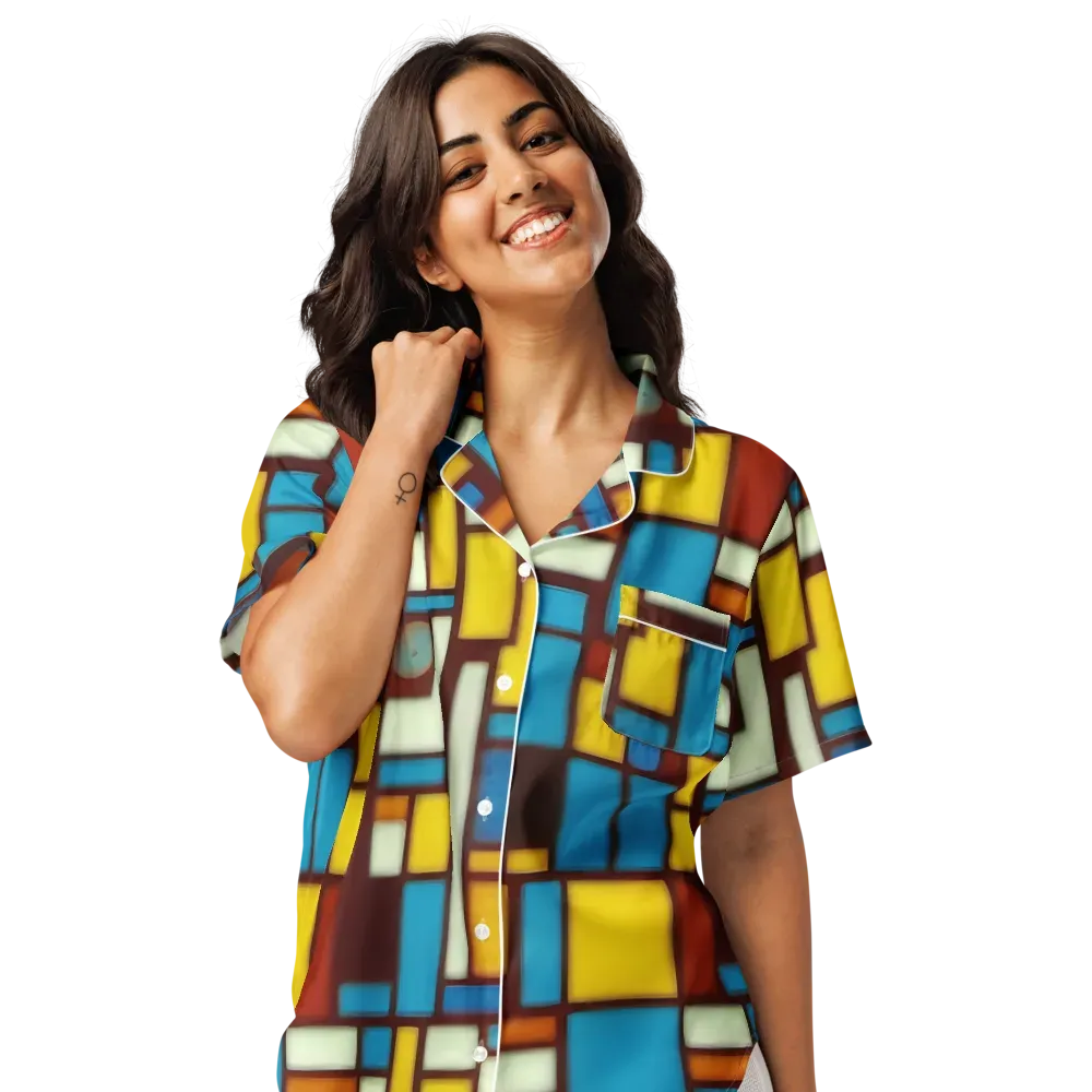 Burgundy Blocks on Women's Short Sleeve Pajama Top — Front