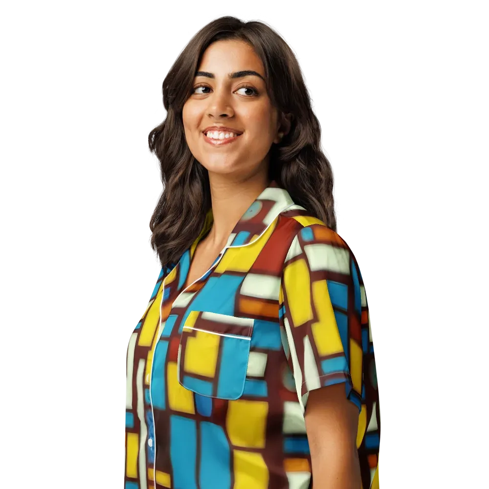 Burgundy Blocks on Women's Short Sleeve Pajama Top — Left Front